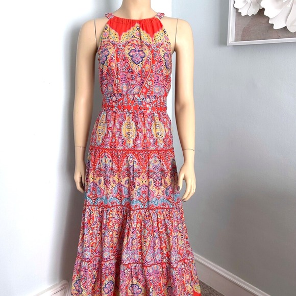 Talbots Tiered Halter Maxi Dress Medallion Casual Boho Summer Dress Size 2 - Picture 2 of 10